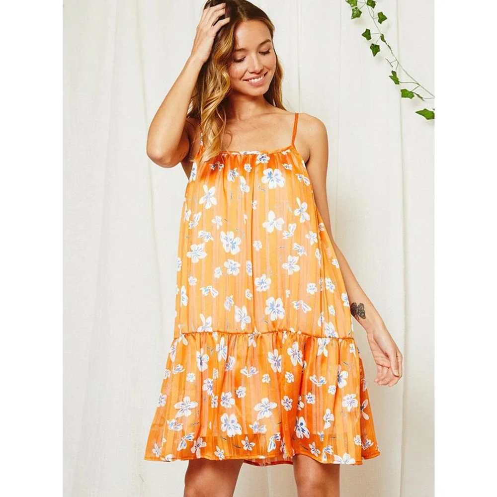 Orange Floral Babydoll Dress Spaghetti Strap Dress